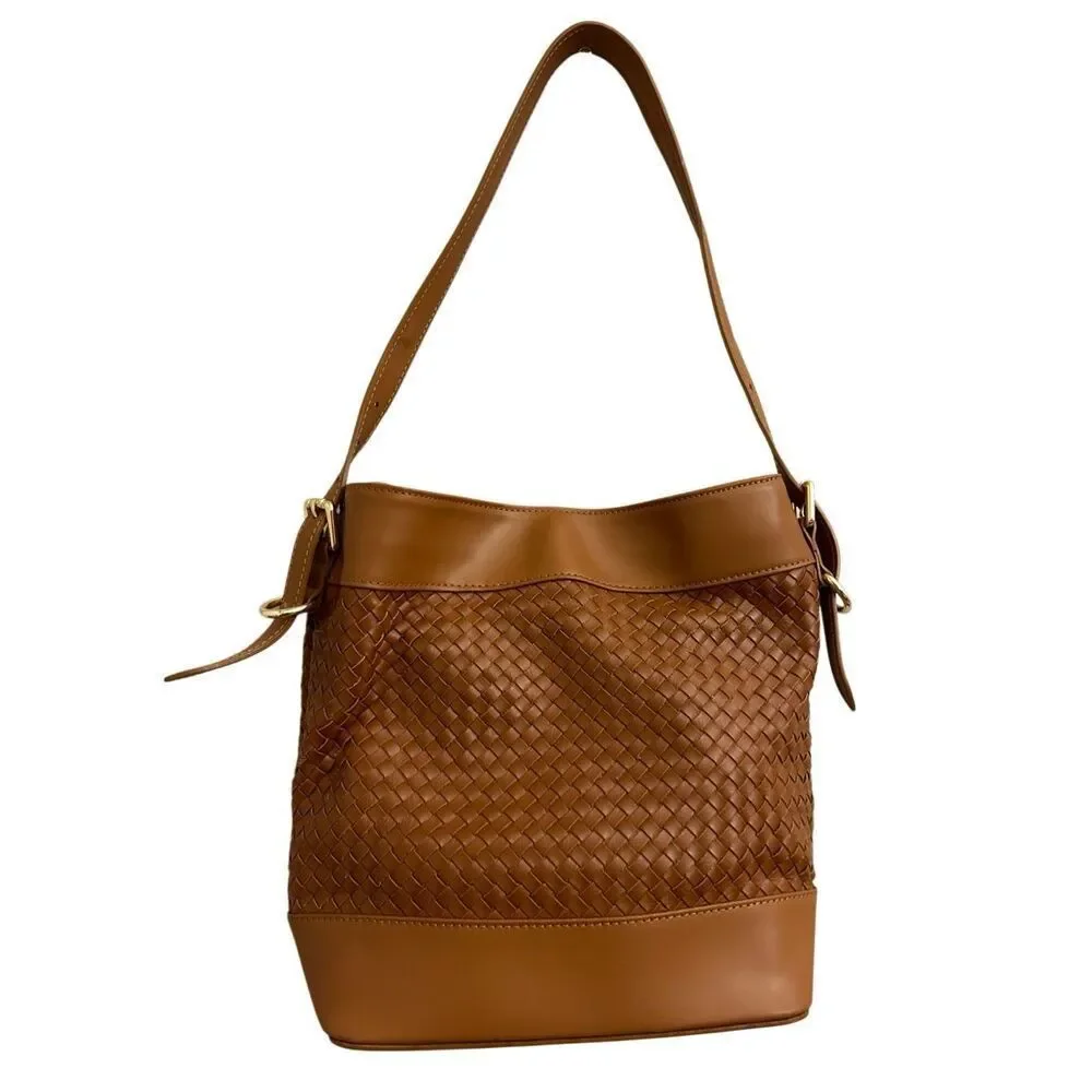 Valentina Fiore woven genuine Italian leather shoulder bucket bag minimalist - Picture 2 of 16